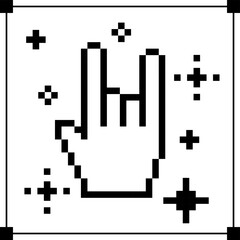 Obraz premium Rock hand gesture icon. Pixel y2k trendy sticker. 8 bit rockstar sign. Abstract game element. Cool retro pixel art vector illustration for music festival, party, concert. Punk, pop. White background