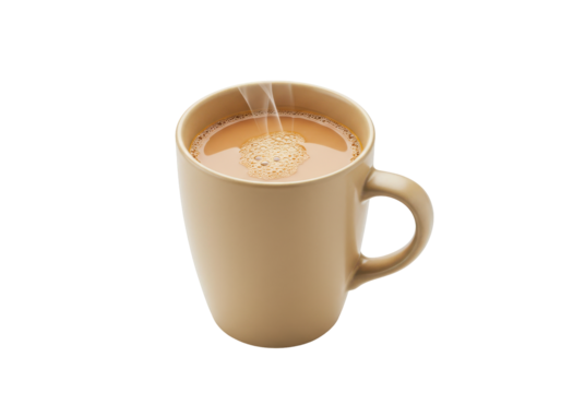 Steaming beige mug of frothy tea on a stark black backdrop
