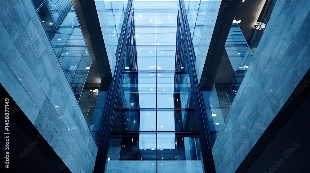 Poster modern office building atrium, showcasing sleek glass panels and cool-toned marble walls. the archit