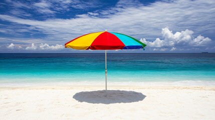 Fototapeta premium Colorful Beach Umbrella on White Sand with Turquoise Sea and Sky
