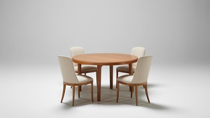 Round Wooden Table with Four Upholstered Chairs Isolated on White Background, Elegant and Minimalist Furniture Set