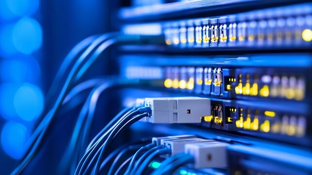 Close-up view of network cables connected to server rack, illuminated in blue light, showcasing data center technology and connectivity. : Generative AI
