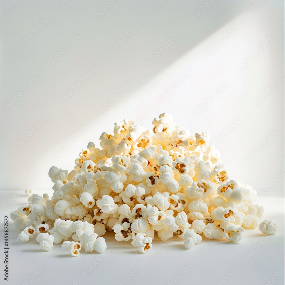Poster a large pile of fluffy, white popcorn is illuminated on a bright background, creating a simple, clea