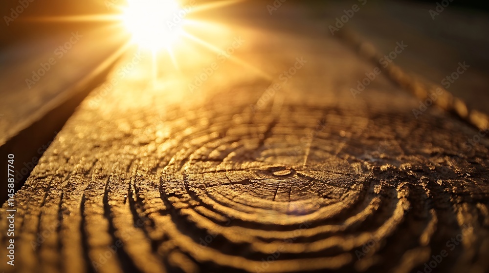 Leinwandbilder close-up view of a tree's cross-section, illuminated by warm sunset light, showcasing intricate wood