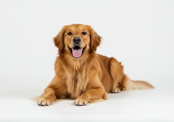 Happy golden retriever lying down with a joyful expression on a seamless white background