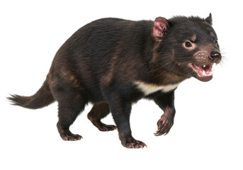 Tasmanian Devil snarls revealing sharp teeth in dark fur against black background