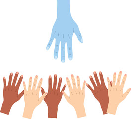 Obraz premium Large hand reaching down and smaller hands of all kinds reaching up