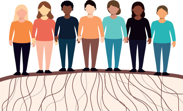 Diverse individuals standing above ground but beneath their feet their roots interwine into a strong united nerwork