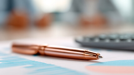 Fototapeta premium Close-up of rose gold pen on financial chart, showcasing business professionalism and detail-oriented work, suggesting accuracy and planning