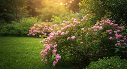 Pink Rose Bush in a Lush Green Garden at Sunset