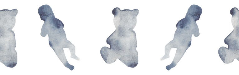 Watercolor border with silhouettes of a toy and a baby.Brush strokes in the form of blue silhouettes of bear.Silhouette of toy on white background.