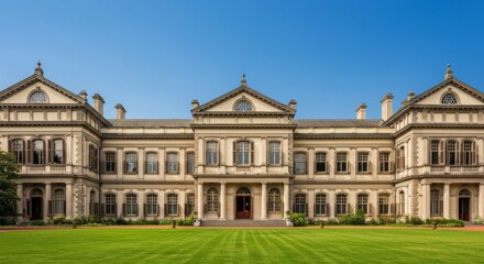Grand Stone Mansion on a Lush Green Lawn