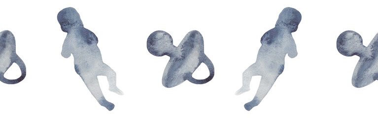 Watercolor border with silhouettes of a  pacifier and baby.Brush strokes in the form of blue silhouettes of bear.Silhouette of toy on white background.