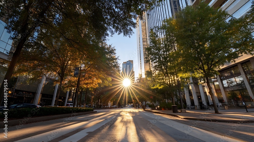 Aufkleber sun rays burst through trees lining a city street, illuminating modern buildings at sunrise. shadows