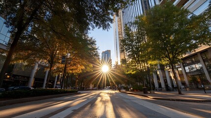 Fototapeta premium Sun rays burst through trees lining a city street, illuminating modern buildings at sunrise. Shadows stretch across the pavement, creating a tranquil urban scene. : Generative AI