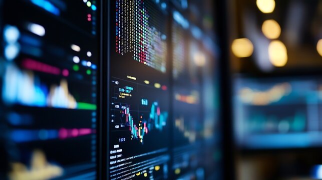 Close-up view of multiple computer screens displaying dynamic stock market data, graphs, and numerical information, illuminated in a dark room with blurred bokeh lights in the backgrou : Generative AI