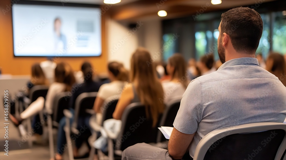 Poster attentive audience members seated in a modern conference room, focused on a presentation displayed o