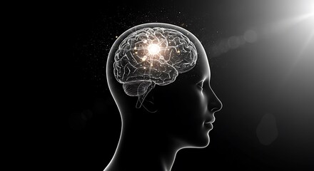Obraz premium black and white minimalist sketch, human head with glowing neurons in brain, positioned at top of frame with copy space at bottom, under sunlit sparkle