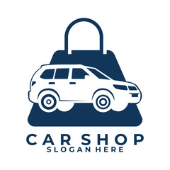 Car shop logo template. Car with shopping bag logo design vector