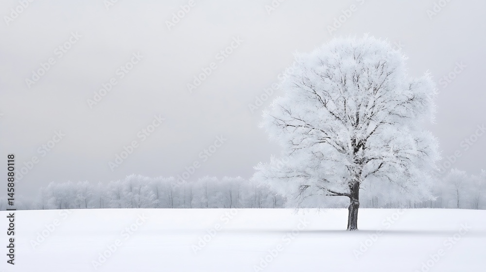 Aufkleber Single frost-covered tree stands in a snowy field, winter landscape with a pale sky and distant line of trees. : Generative AI