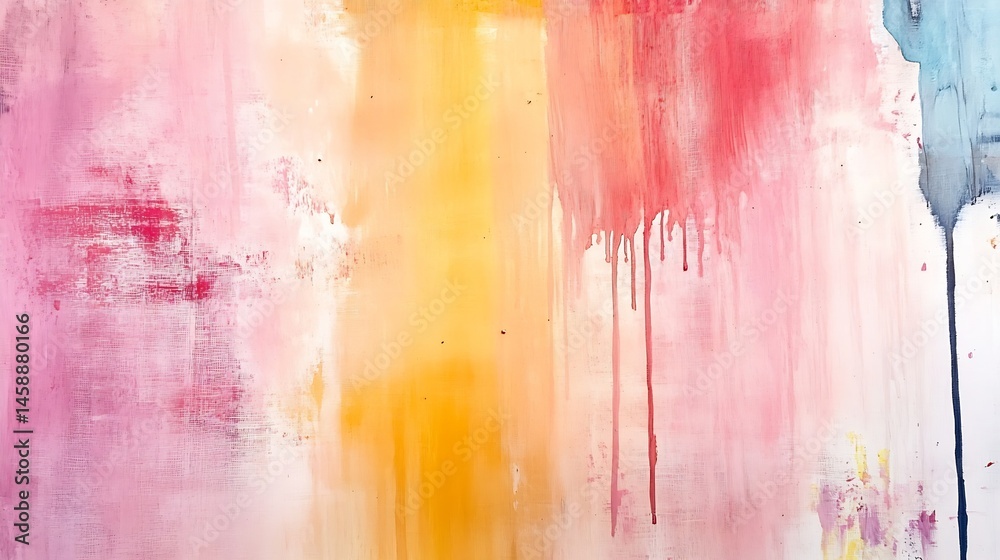 Poster abstract painting with pink, orange, and blue hues, featuring textured brushstrokes and drips of pai