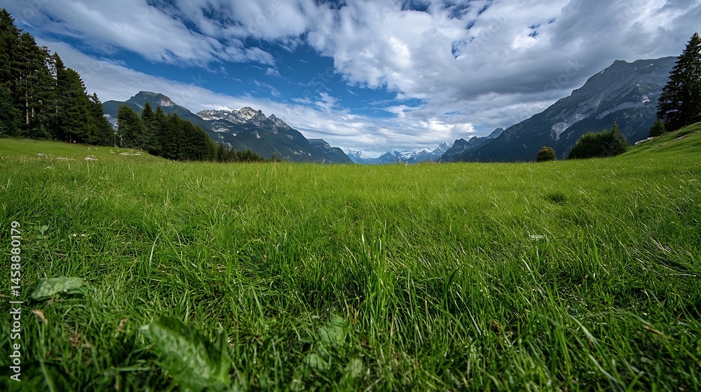 Poster lush green alpine meadow with towering mountains under a partly cloudy sky, offering a breathtaking 