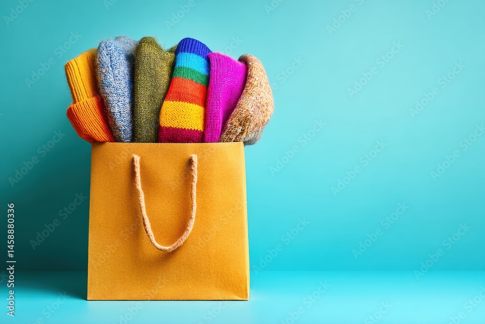 Poster multicolored clothes peeking from a stylish shopping bag against a vibrant blue background generativ