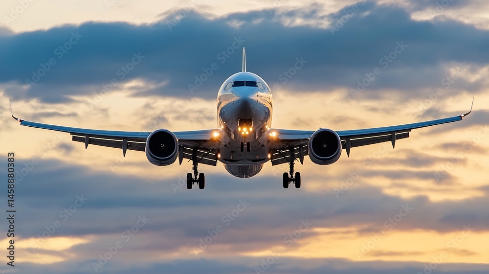 Poster airplane landing approach at sunset, low angle view of a commercial jetliner descending through clou