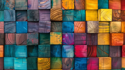 Colorful wooden cubes arranged in an abstract pattern, showcasin