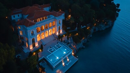 Obraz premium Illuminated waterfront villa nestled on a cliffside at twilight