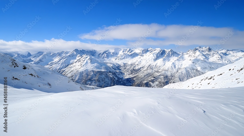 Poster panoramic view of snow-covered mountain range under a vibrant blue sky, showcasing pristine white sl