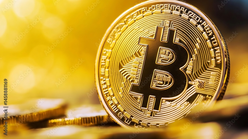 Aufkleber Close-up view of a single gold bitcoin cryptocurrency coin, resting on a pile of similar coins, with a warm, golden, bokeh background. : Generative AI