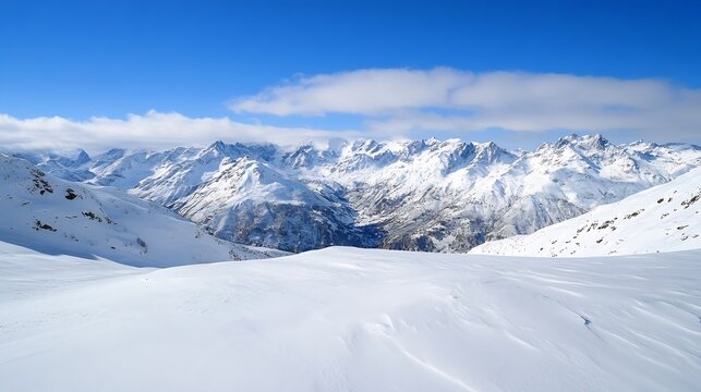 Panoramic view of snow-covered mountain range under a vibrant blue sky, showcasing pristine white slopes and dramatic peaks. : Generative AI