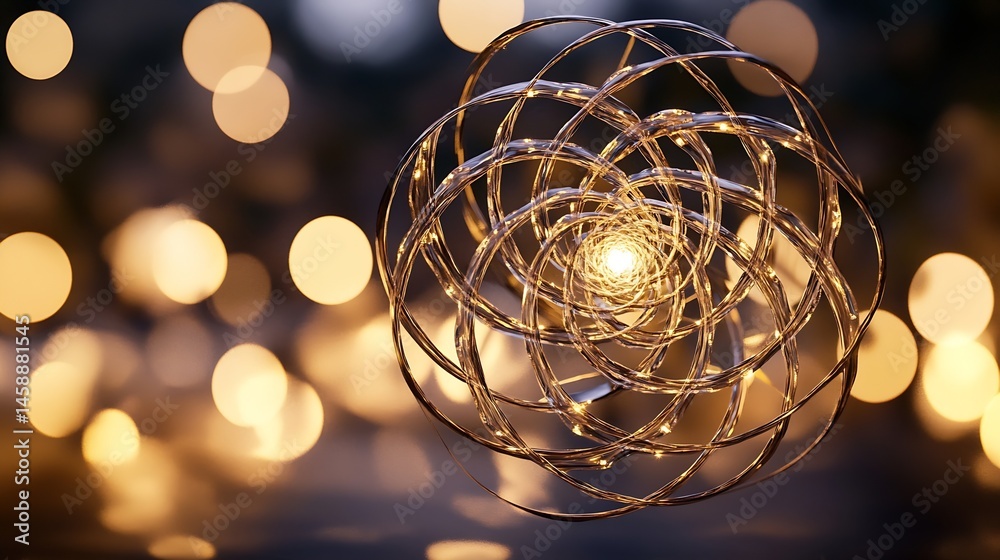 Poster Intricate illuminated sphere of intertwined glowing wires, creating a mesmerizing light sculpture against a bokeh backdrop of warm golden lights. : Generative AI