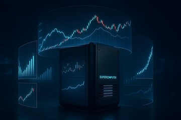 Supercomputer displaying financial data visualization for algorithmic trading and business analytics in a futuristic technological environment