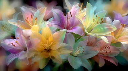 Fototapeta premium A vibrant arrangement of colorful lilies blooming against a softly blurred background