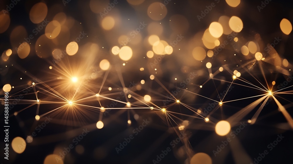 Poster Abstract golden network connection, glowing nodes and lines, dark background, bokeh effect, digital art, modern technology, futuristic design, elegant, luxury, shimmer, sparkle, golden : Generative AI