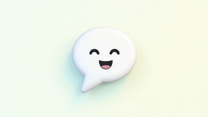 TalkPal. Smiling white speech bubble emoji with happy face expression floating on soft pastel background for chat app, social media, communication concept, customer support, friendly digital interact