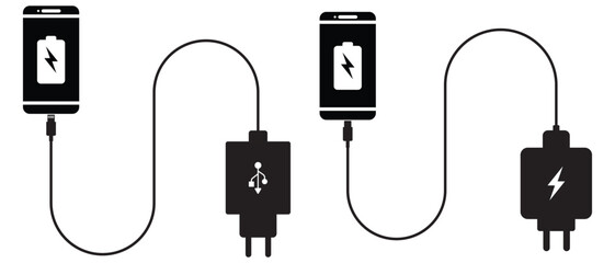 Mobile charger, USB cable with  mobile phone icon. USB cable icon vector illustration. Black USB cable vector icon. Mobile phone charging cable. Vector illustration. Electric plug and cable icon.
