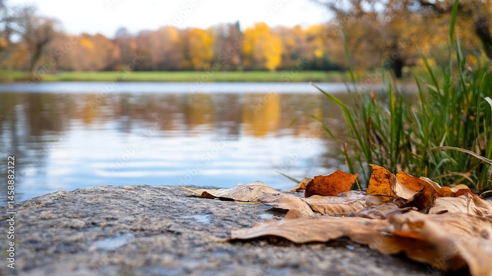 Poster autumn leaves rest on a stone by a calm lake, reflecting the colorful trees of the fall season. a tr