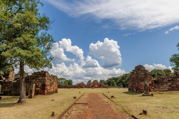 Blue sky with clouds over the ruins of San Ignacio in Misiones, Argentina.