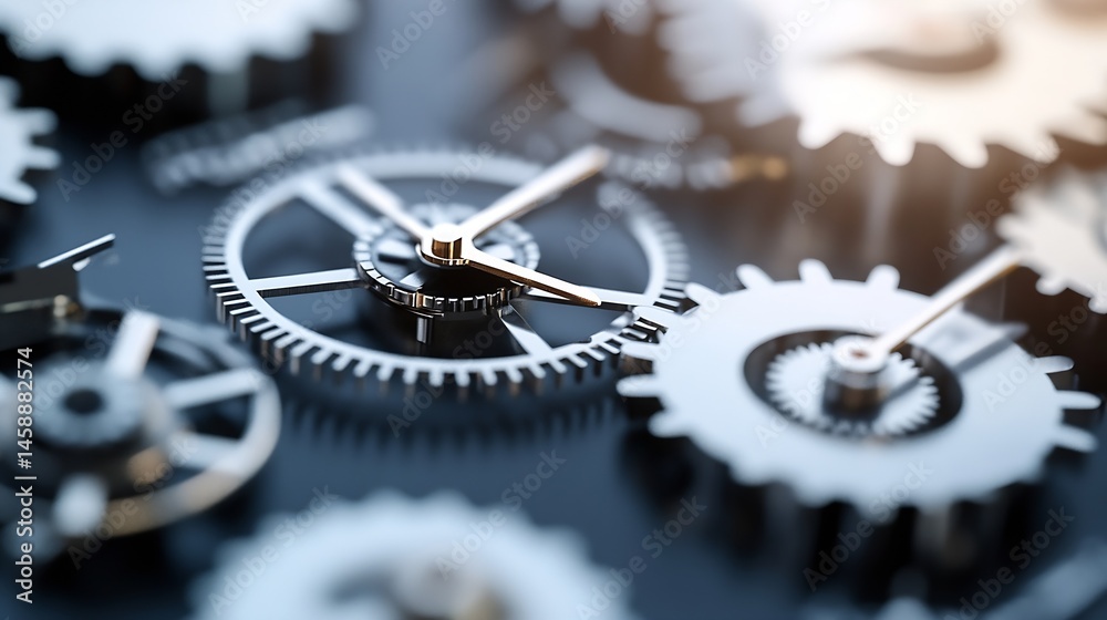 Aufkleber Close-up view of intricate clock gears, showcasing metallic components and precise engineering.  The gold-toned hands indicate time's passage within the complex mechanism. : Generative AI