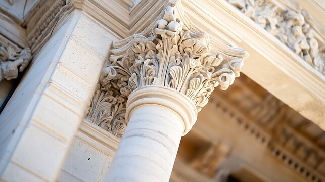 Close-up view of an ornate, classical column capital, showcasing intricate carvings and architectural details in creamy white stone. : Generative AI
