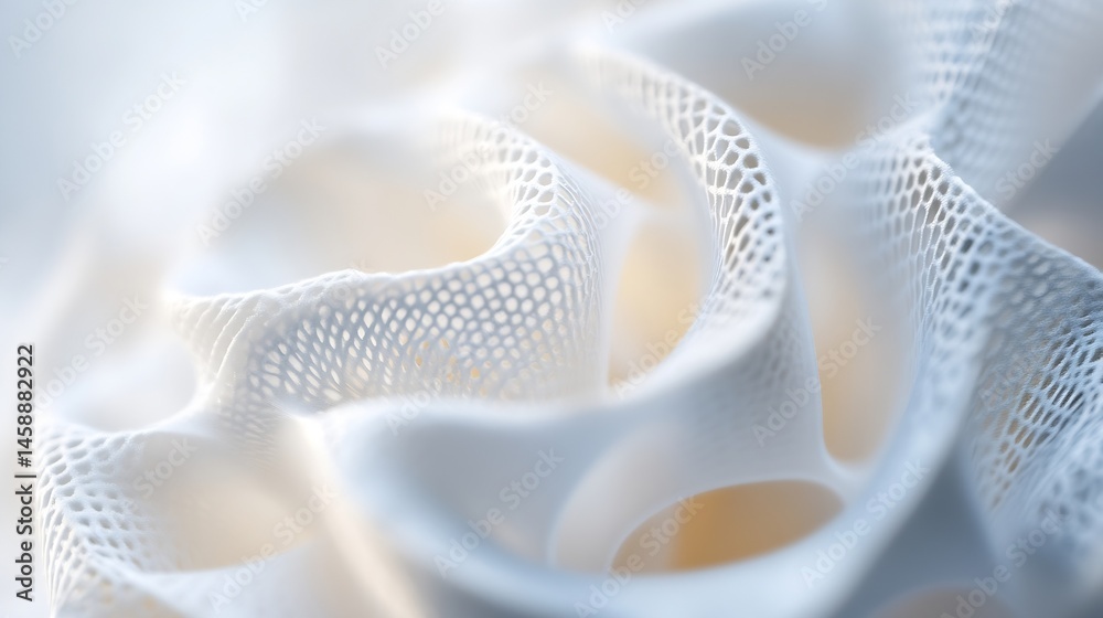 Fototapete Abstract white 3D-printed lattice structure with soft, flowing curves and intricate perforated details, creating a sense of delicate elegance and modern design. : Generative AI
