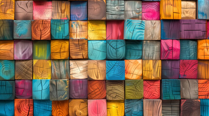 Colorful wooden cubes arranged in an abstract pattern, showcasin