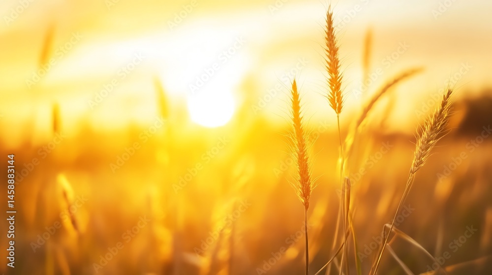 Poster golden hour sunlight illuminates tall grass stalks in a field, creating a warm and serene landscape 