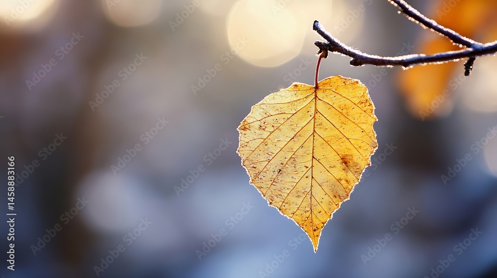 Aufkleber single frosted autumn leaf hanging from a branch, backlit by sunlight, creating a serene and peacefu