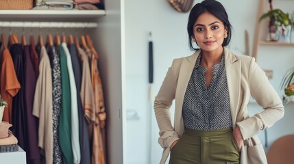 A graceful Indian woman in her late 30s, clad in high-waisted olive green trousers and a beige blazer with rolled-up sleeves, standing confidently next to a white wardrobe brimming with neatly folded 