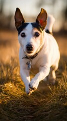 Jack Russel terrier sprinting through grass, pure joy in motion