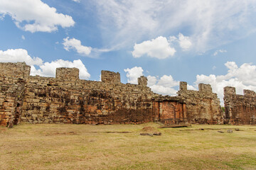 Blue sky with clouds over the ruins of San Ignacio in Misiones, Argentina.